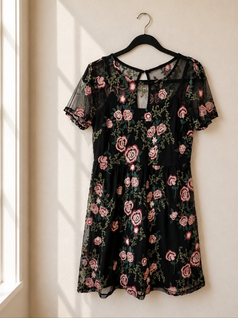Worthington Womens 6 Black‎ Mesh Embroidered Mini Dress Whimsigoth Floral